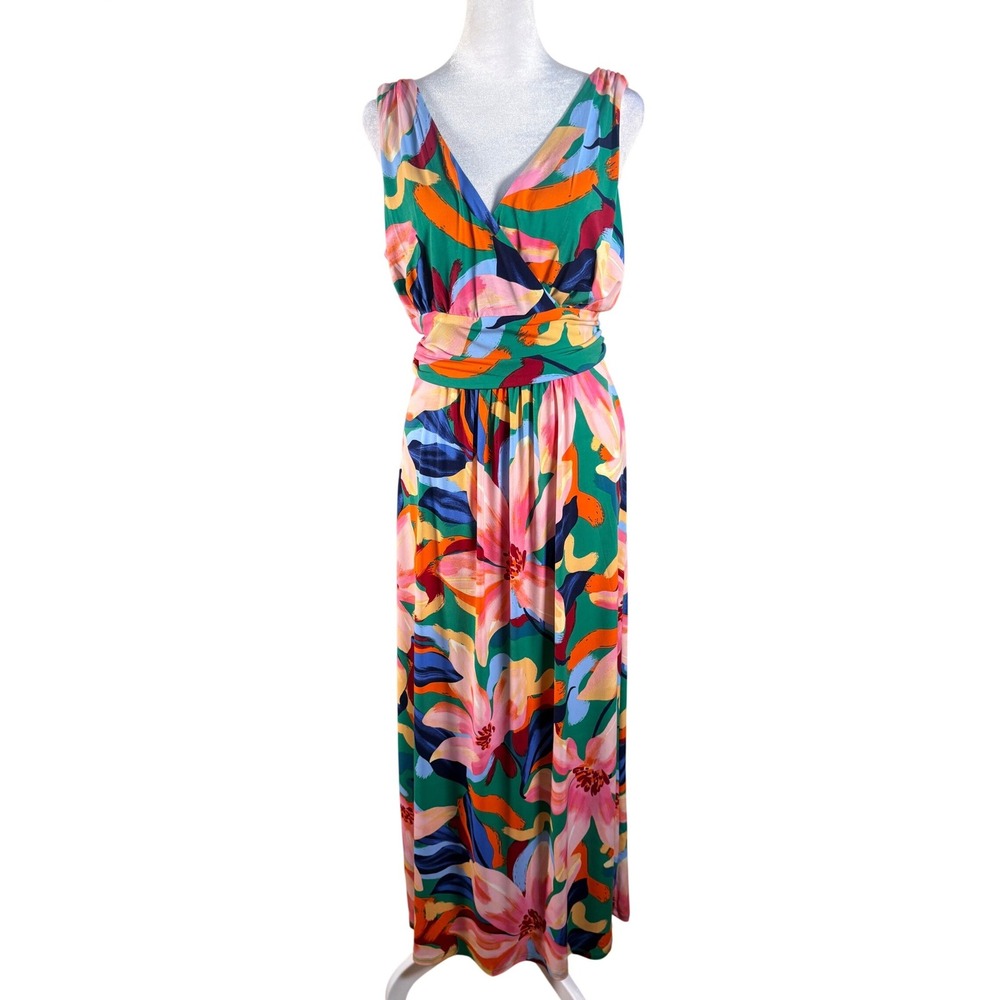 Pappagallo Floral Maxi Dress Green Pink Orange Blue Surplice V-Neck Size M